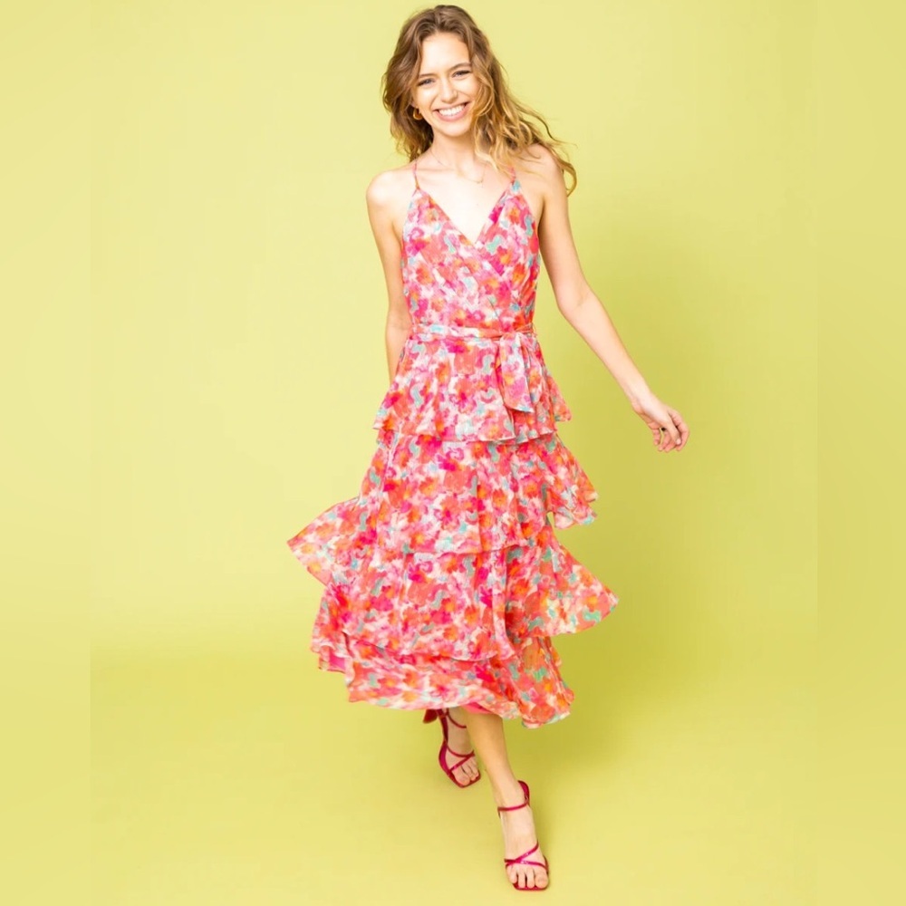 Adelyn Rae Brianna Pink Multi‑Color Floral Tiered Maxi Dress Ruffles Strappy Med